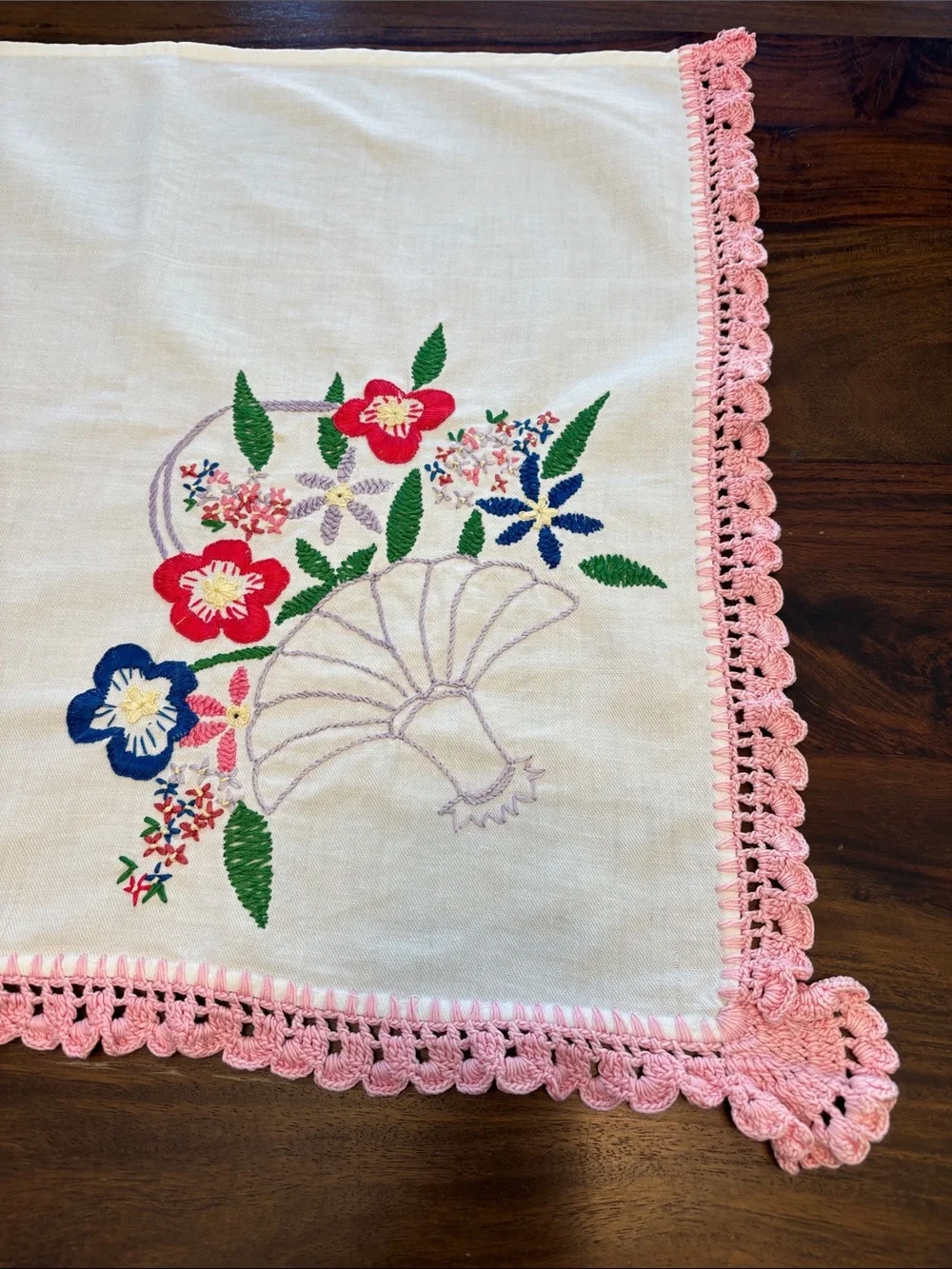 Embroidered Floral Linen Runner with Pink Crochet Trim- Fabulous!